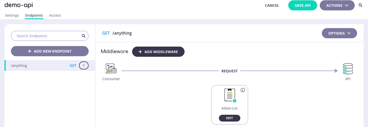 Allow List middleware added to endpoint - click through to edit the config