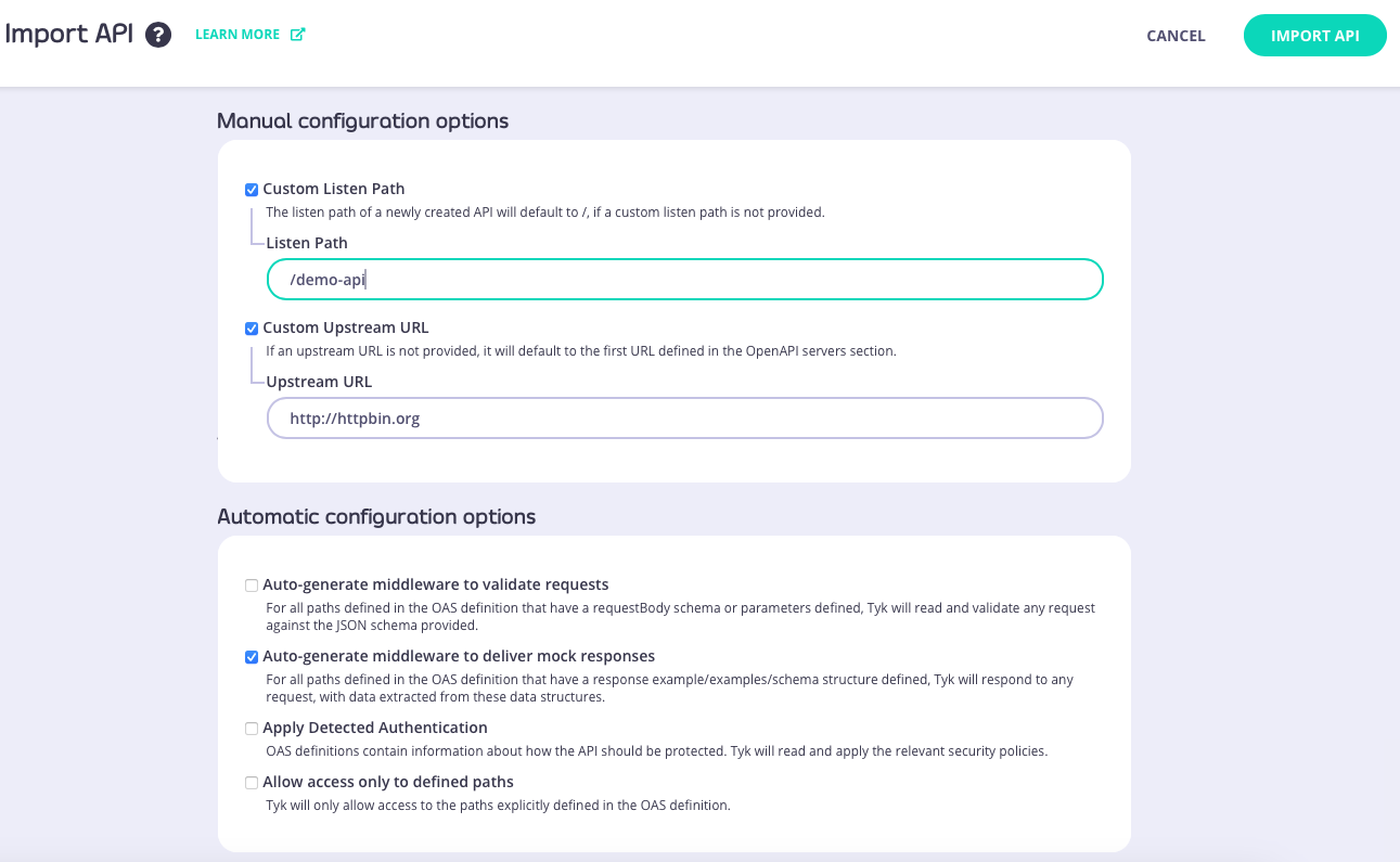 Configuring the OpenAPI document import to create Mock Responses