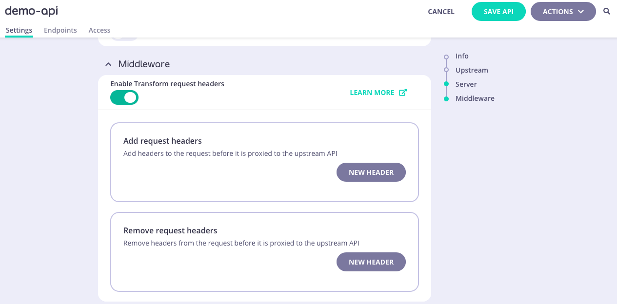 Tyk OAS API Designer showing API-level Request Header Transform