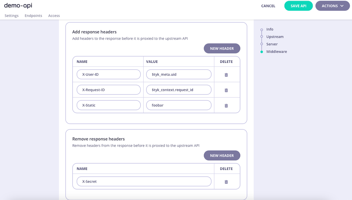 Configuring the API-level Response Header Transform in Tyk OAS API Designer