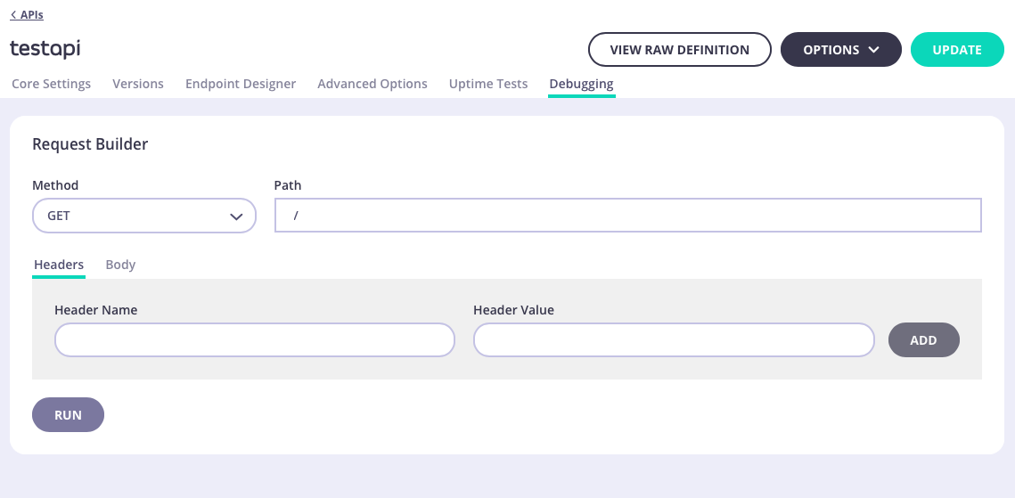 The Tyk Classic Endpoint Designer - Debugging tab