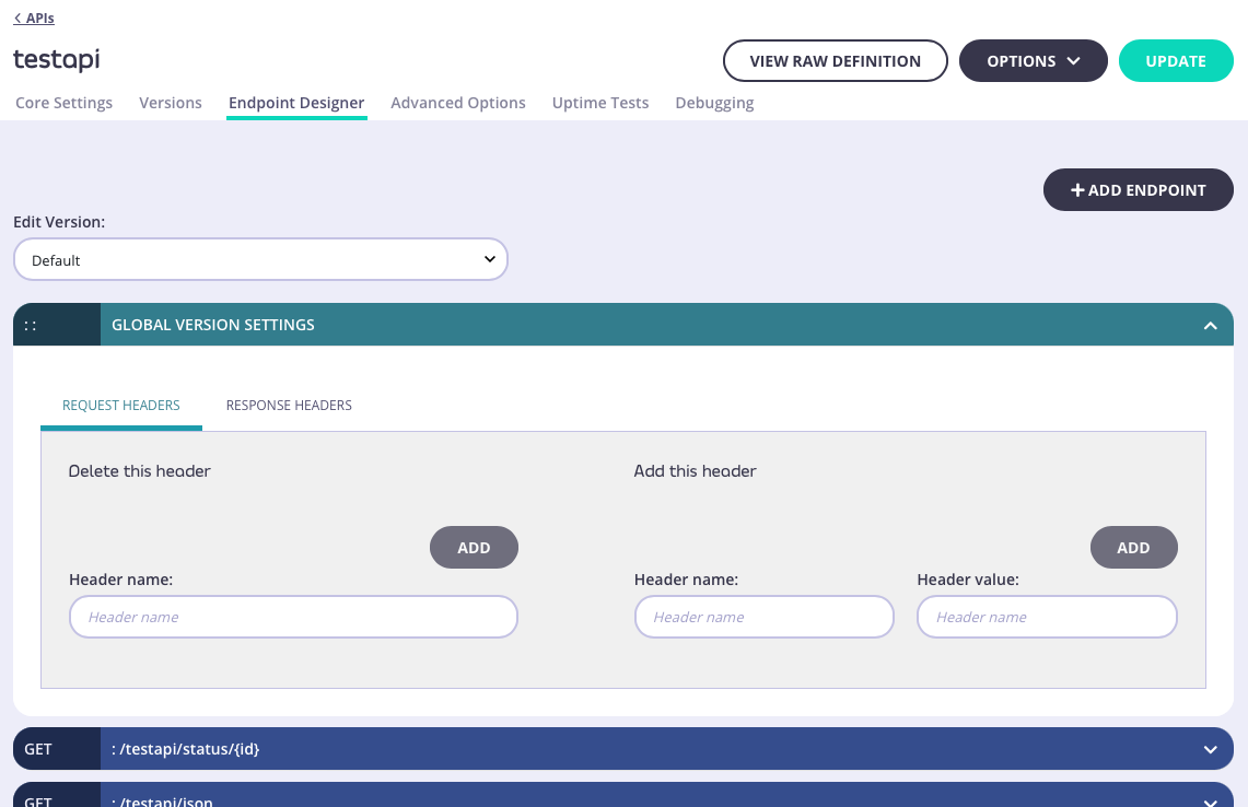 The Tyk Classic Endpoint Designer - Endpoint Designer tab