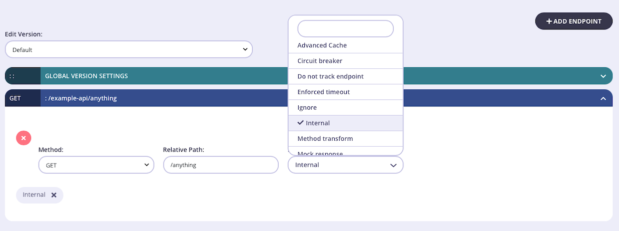 Adding the internal endpoint middleware to a Tyk Classic API endpoint