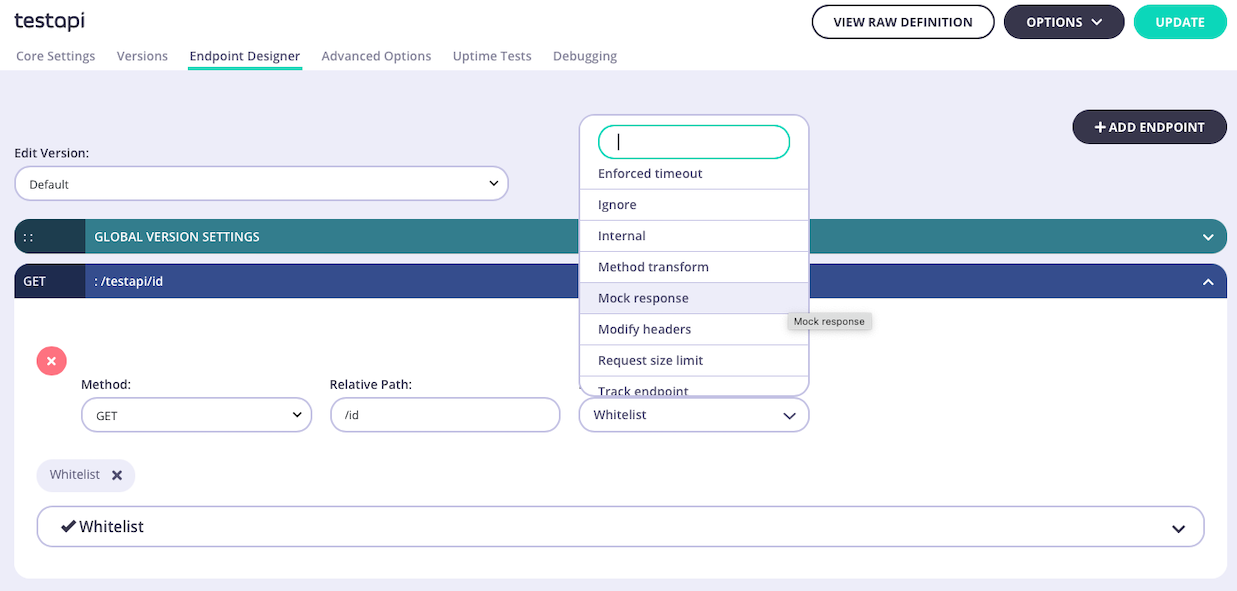 Selecting the mock response middleware for a Tyk Classic API