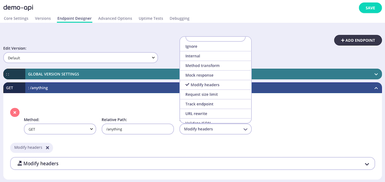 Adding the Modify Headers plugin to an endpoint