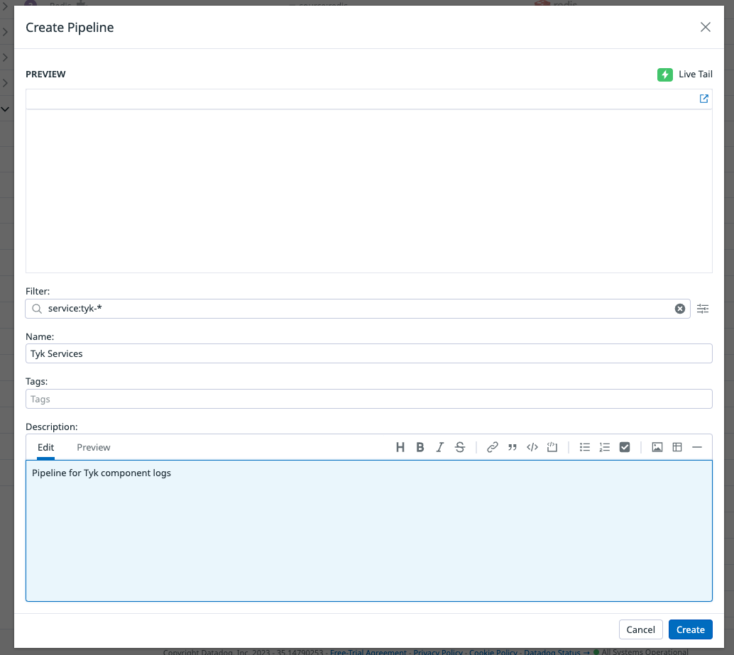 Create Datadog Logs Pipeline to process Tyk services' logs