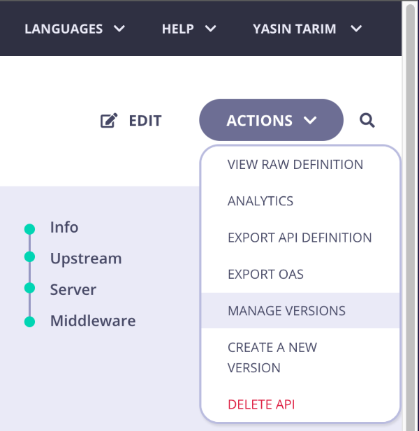 Manage versions Action menu